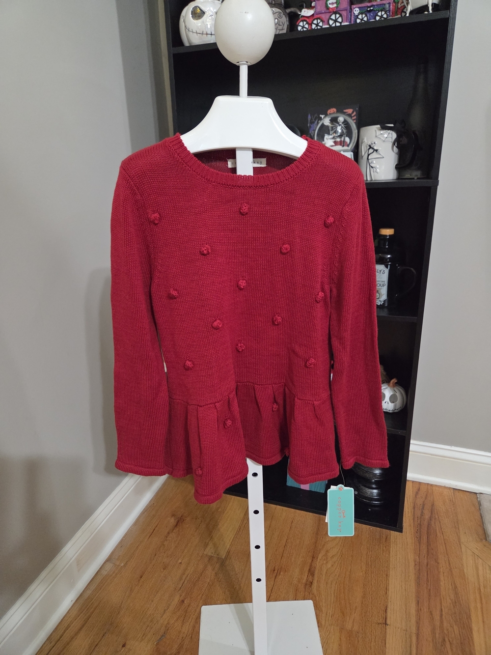 Copper Key Red Pom-Pom Peplum Sweater